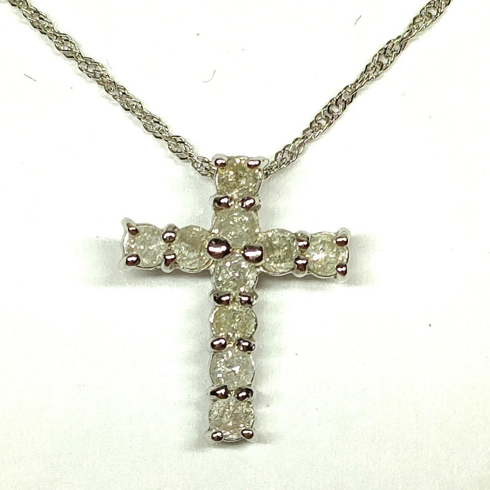 18K Solid White Gold Necklace with Pendant Diamond Cross 0.3ct